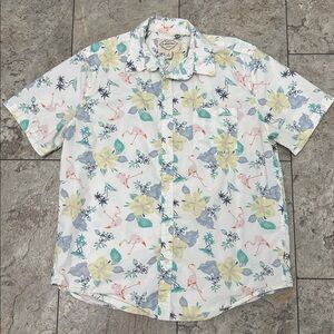 St. John's Bay Off White Short-Sleeve Floral Button-Down Shirt Pink Flamingos